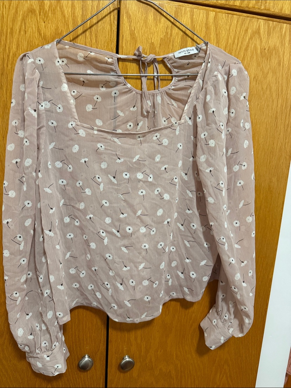 Petite Studio dusty rose floral tie-back long sleeve blouse